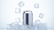 © jobim - shot of a sealed soda can placed upright in a mini ice box filled with glistening ice cubes