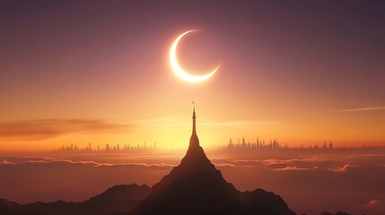 Wall Mural - crescent moon over futuristic city, tower peak, sunrise