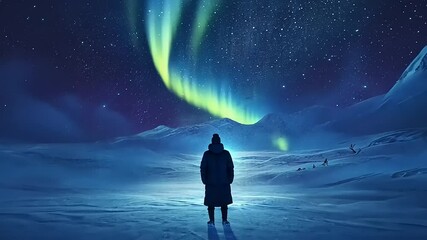 Wall Mural - A solitary figure stands in a snowy landscape, gazing at the mesmerizing auroras illuminating the night sky