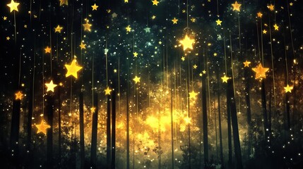 Wall Mural - enchanted forest glowing stars falling, mystical background