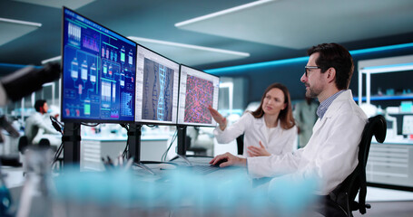 Poster - Female Scientist Conducts Biotechnology Research on Computer