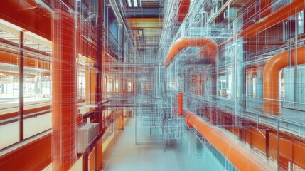 Industrial virtual model showcasing intricate pipework and structural designs in a complex facility environment