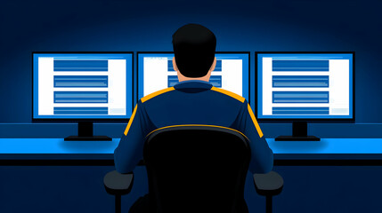 Professional IT programmer working in a data center on a desktop computer with three displays, doing development of software and hardware. Displays Show Blockchain, Data Network Architecture Concept