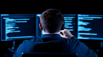 Professional IT programmer working in a data center on a desktop computer with three displays, doing development of software and hardware. Displays Show Blockchain, Data Network Architecture Concept