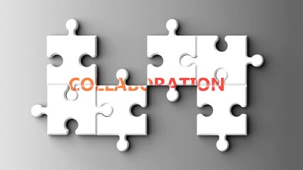 Leinwandbilder - Collaboration as a complex topic - puzzle pieces with a word Collaboration coming together and forming a complete whole. Collaboration being a composite subject. Made of many parts