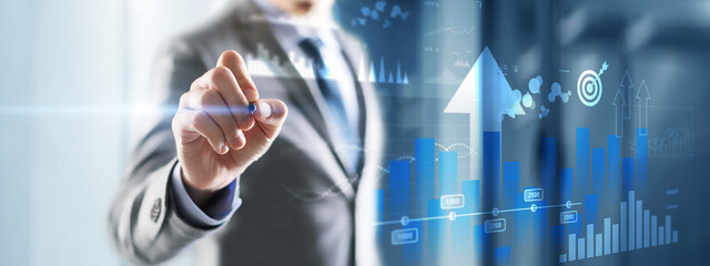 Wall Mural - business intelligence. diagram, graph, stock trading, investment dashboard. arrows up