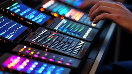 A closeup of a developers hands skillfully typing on a keyboard with multiple smartphone simulators arranged neatly on the desk each screen reflecting different stages of app security
