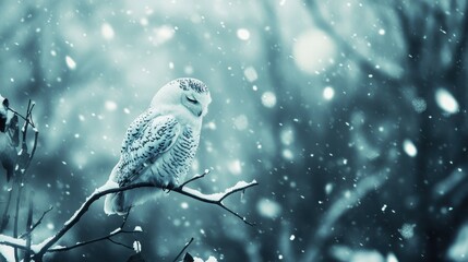 Poster - Snowy owl perched calmly on a branch during gentle snowfall in a serene winter landscape