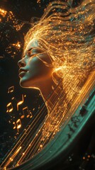 Poster - Surreal glowing woman emits music notes while interacting with celestial surroundings in a dreamy atmosphere