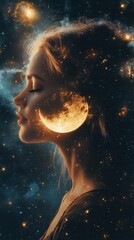 Poster - Surreal representation of a glowing woman with celestial elements against a cosmic backdrop at twilight