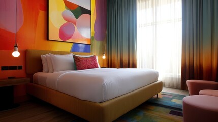 Poster - Modern bedroom with vibrant decor and soft curtains creating a cozy atmosphere in a contemporary setting