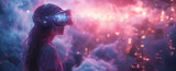 Kobieta w goglach VR zanurzona w futurystycznym świecie z chmurą danych i neonowymi efektami. Cyberpunkowy krajobraz miasta nocą. Wizualizacja nowoczesnych technologii i przyszłości cyfrowej.