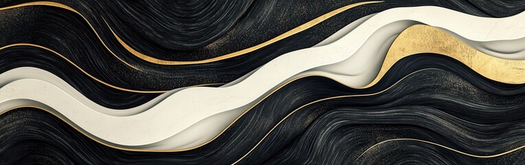 Poster - High-contrast wave pattern in black and white with textured layers and smooth curves creating dynamic visual flow