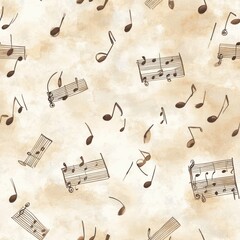 Aufkleber - Gentle doodle cartoon drawings of musical notes on a soft watercolor background in a light, artistic style
