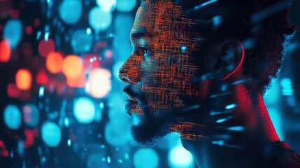 Fototapete - Dynamic profile of a man illuminated by vibrant lights and futuristic patterns in a tech-inspired environment at night