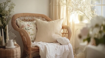 Aufkleber - Cozy nook with a rattan chair and floral accents perfect for relaxation in a sunlit room near flowers