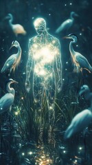 Aufkleber - Glowing figure surrounded by white herons in a mystical and serene wetland setting at dusk