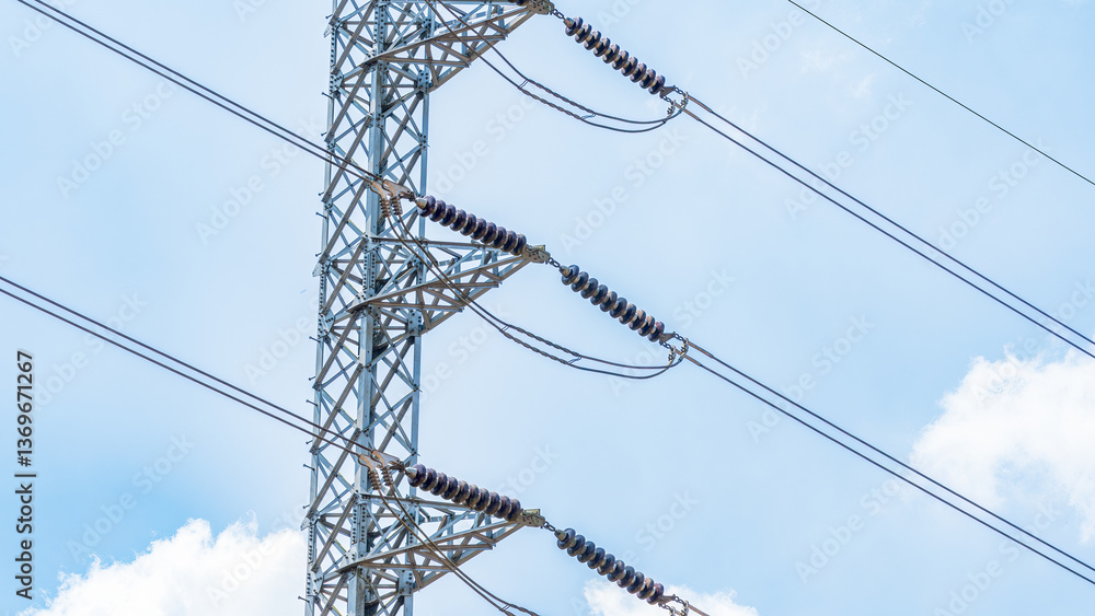 High-voltage transmission tower with insulators against blue sky Stock ...