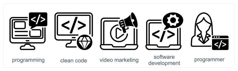 A set of 5 business icons as programming, clean code, video marketing