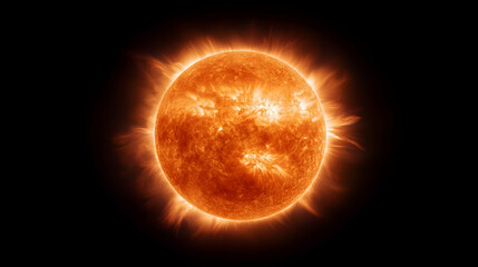 Wall Mural - closeup view of a glowing orange sun against a black background