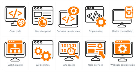 A set of 5 business and seo icons as clean code, website speed, software development