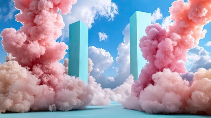 Wall Mural - abstract fluffy sky filled with pastel pink and baby blue candy-like clouds, creating a magical and 
