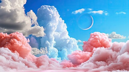 Wall Mural - abstract fluffy sky filled with pastel pink and baby blue candy-like clouds, creating a magical and 