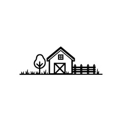 Wall Mural - simple and line drawing of a barn in a minimalist rural setting the barn has a fenced area and a tre
