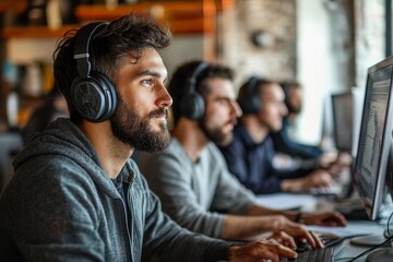 Male team of program engineers working at office