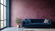 © mas - Modern living room with deep blue velvet couch and mauve wall, interior design, potential stock photo