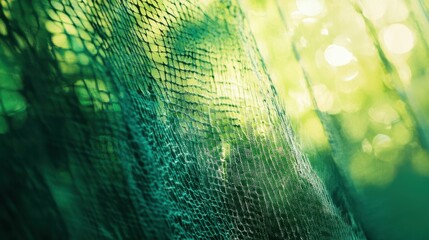 Green netting overlays a blurred, bokeh-filled background, softly filtered. It shows protection or filtering, metaphorically or for garden concepts.