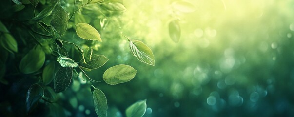 Poster - Beautiful green leaves growing on branch with sun shining through