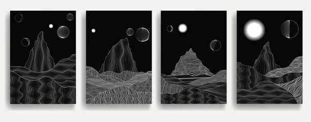 Wall Mural - Star and moon in outer space. Futuristic landscape, with lines texture . Space landscape with moon and sun . Deep space vector illustration. Vector line art. Star explosion .