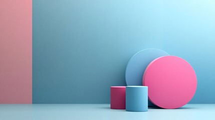 Poster - Pink and blue cylinders and circles creating a modern abstract composition