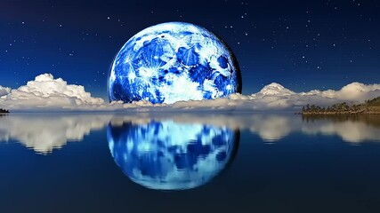 Wall Mural - Majestic blue moon reflecting on tranquil lake surrounded by clouds and distant trees at night