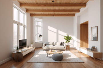Poster - Bright living room with natural light features a sofa, coffee table, and TV stand. Wooden floors and ceiling beams add warmth to the minimalist interior design.