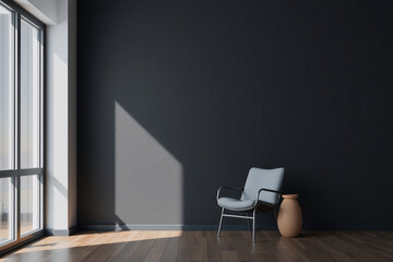 Fototapete - Minimalist interior with dark wall and wooden floor. Sunlight streams through a window illuminating a chair and vase in the simple room.