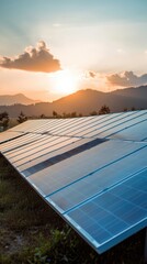 Wall Mural - Solar panels in a field against a mountain sunset backdrop