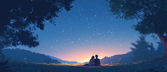  Romantic Evening Under Starry Sky with Couple on Picnic Blanket