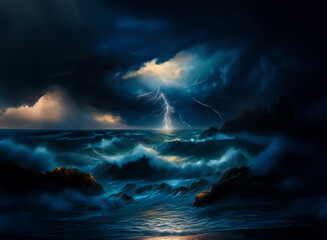Poster - Stormy night sea. Lightning illuminates horizon over rough waves crashing on rocky shore under dark clouds.
