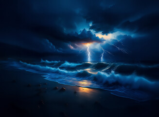 Poster - Dramatic night scene with lightning illuminating a turbulent sea. Waves crash on a dark shore under a stormy sky, creating a powerful and moody atmosphere.