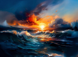 Poster - Dramatic sunset over a turbulent ocean. Large waves crash under a fiery sky with dark clouds. Seascape painting depicts nature's power.