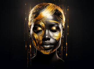 Poster - Dramatic female portrait, gold paint strokes on black background.