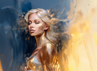 Poster - A blonde woman with golden, shimmering skin is depicted against an abstract backdrop of blue and yellow hues.  The artwork has a dreamy, painted style.