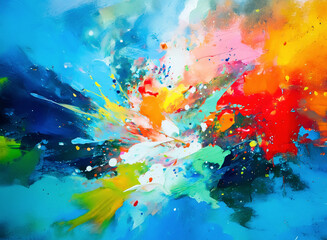 Poster - Vibrant abstract painting featuring bold brushstrokes in blue, yellow, red, orange, pink, and white. Dynamic composition with splashes of color creating energetic movement.
