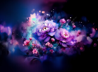 Leinwandbilder - Dreamy vibrant floral art with luminous purple and pink blooms, bokeh lights on a dark backdrop.