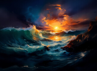 Poster - Dramatic ocean scene at sunset.  Large waves surge and crash against a rocky shore under a colorful and cloudy sky. The sun reflects on the turbulent water.