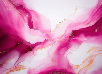 Aufkleber - Abstract fluid art with vibrant pink and delicate gold accents creates a luxurious marble effect against a clean white backdrop.
