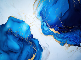 Poster - Abstract fluid art with swirling blue and gold hues on a white backdrop. Elegant design with flowing lines creates a marble-like effect.