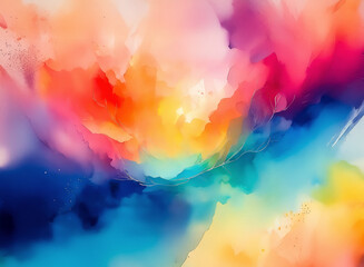 Leinwandbilder - Vibrant abstract watercolor painting with a dynamic explosion of hues. Fluid and flowing, the artwork blends orange, pink, blue, yellow, and green colors.
